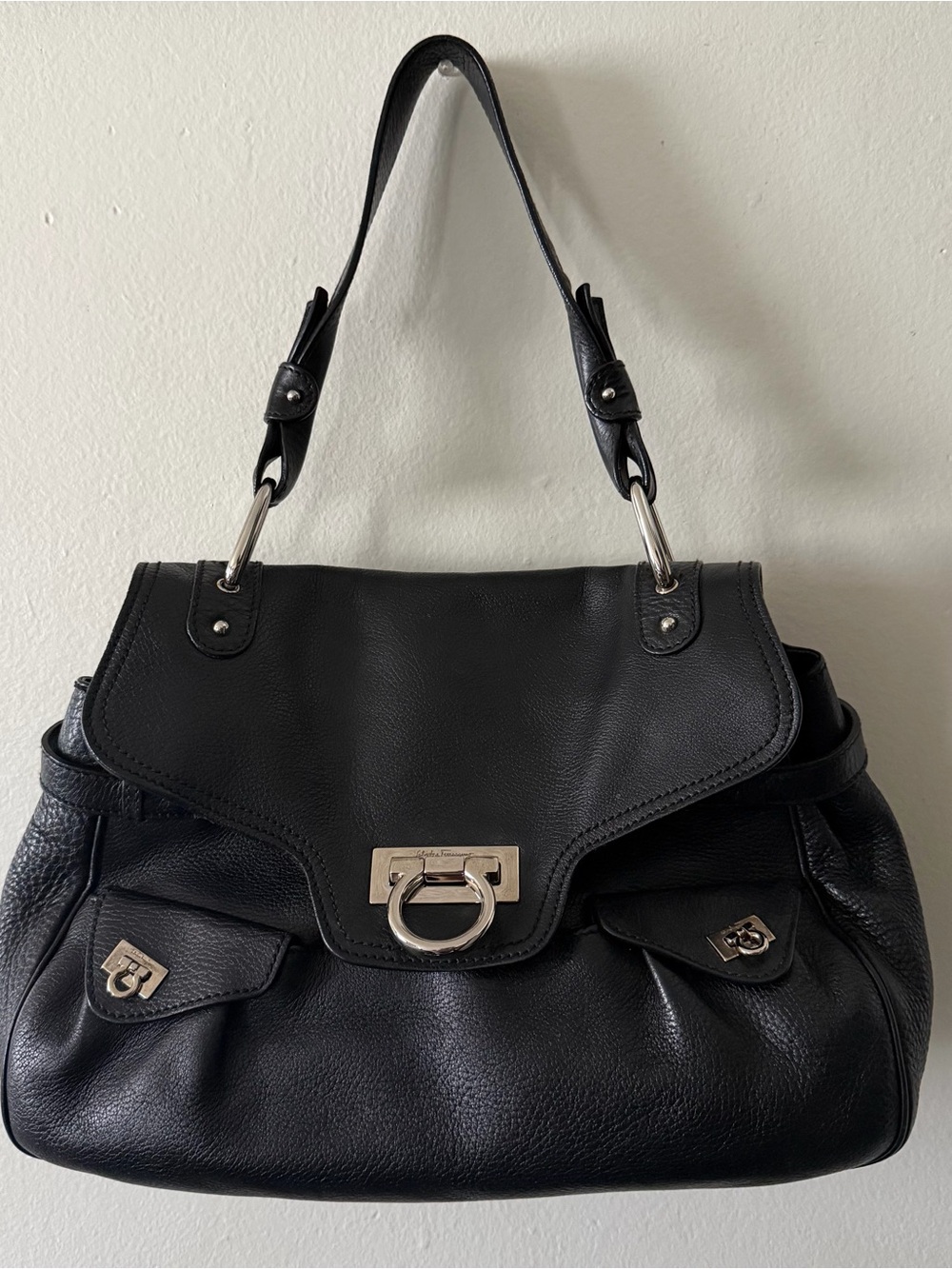 Salvatore Ferragamo Black Leather Shoulder Bag with Silver Hardware